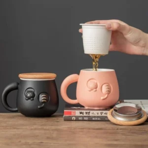 13.5oz cute cat 3d embossed ceramic tea mug with infuser main view