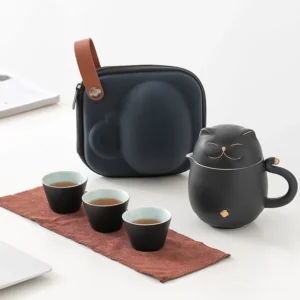 full set of cute cat-shaped ceramic travel tea set with travel bag