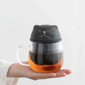 cute cat glass tea infuser mug with ceramic lid 11.8oz main view