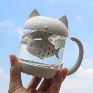 full product view of cute cat shaped glass tea mug with fish tea infuser