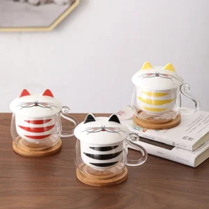 cute cat glass tea mug with lid ceramic infuser and wooden coaster