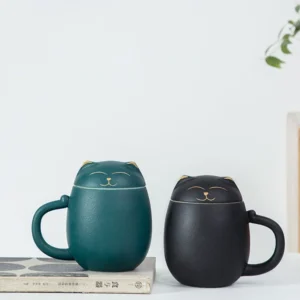 full set of cute cat ceramic tea mug and matching tea canister, cat lid tea mug with infuser