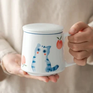 cute cat tea mug with ceramic infuser and lid full view peach pattern