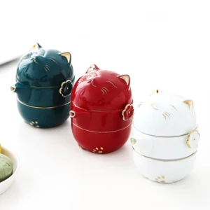 full set view of cute maneki-neko ceramic travel tea set with carrying bag