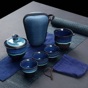 full set of deep blue kiln change portable kung fu travel tea set displayed outside carrying case