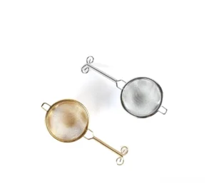 fine mesh metal tea strainer gold finish full view