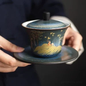 front view of hand-painted nature themed modern ceramic gaiwan 5.1oz blue green