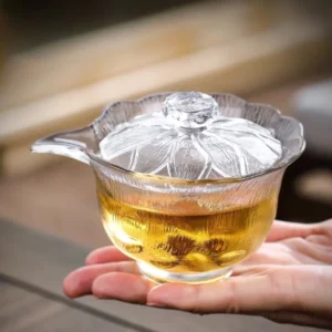 handcrafted frosted lotus glass gaiwan front view