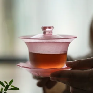 frosted pink floral glass gaiwan 5.1oz traditional chinese tea bowl main view