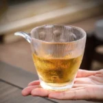 frosted textured glass gong dao bei tea pitcher on wooden tea tray