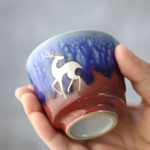 full collection of handmade chinese ceramic tea cups with auspicious deer fish blue and white patterns