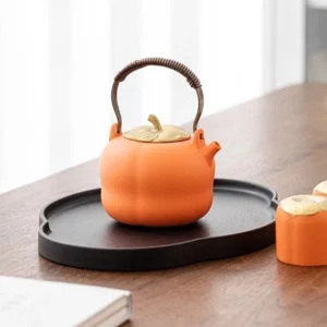 full set of chinese orange ceramic persimmon teapot with tea cups and tea tray