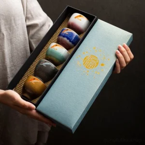 full set of 5 hand painted ceramic chawan chinese tea cups in light blue gift box