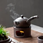 full set of rustic vintage chinese teapot with candle warmer and leaf tray
