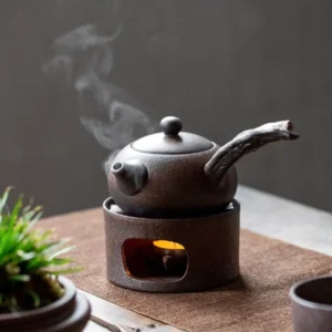 full set of rustic vintage chinese teapot with candle warmer and leaf tray