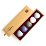 full set view of five great kilns style small chinese tea cups set in gift box