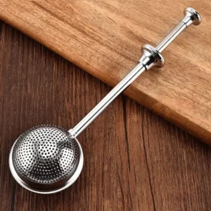 full view of 304 stainless steel tea strainer with extended handle