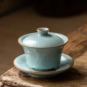 full view of traditional chinese ru yao ice crackle glaze gaiwan