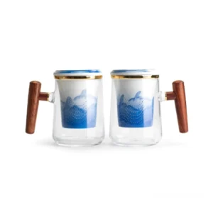 glass tea mug with wooden handle ceramic infuser blue mountain landscape art