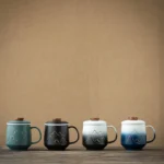 full set of golden mountain ceramic tea mug with infuser and lid, 13.9oz