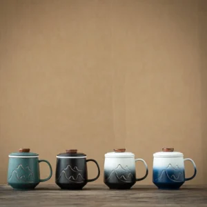 full set of golden mountain ceramic tea mug with infuser and lid, 13.9oz