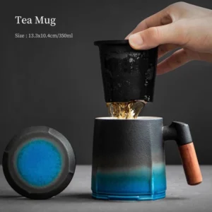 11.8oz gradient blue ceramic tea mug with infuser and lid full product view