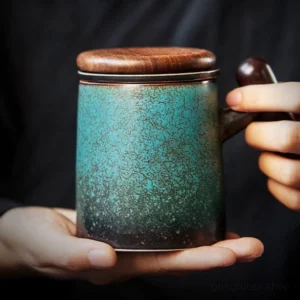 gradient retro crackle ceramic tea mug with wooden lid and infuser full view