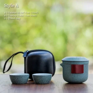 gray-style-a portable ceramic travel tea set with carrying case complete view