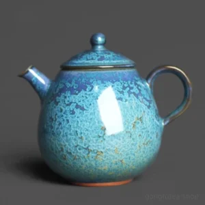 full product view of 5.8oz handcrafted green blue crystalline glaze chinese teapot