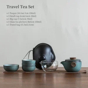 green ceramic complete travel tea set with carry bag for outdoor use