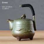 green handmade chinese ceramic tripod teapot with rope wrapped handle 6.1oz