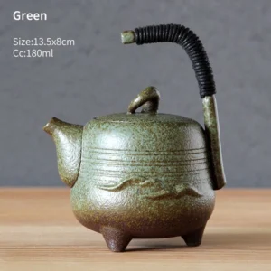 green handmade chinese ceramic tripod teapot with rope wrapped handle 6.1oz