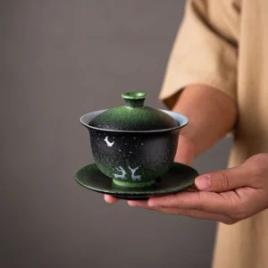 deep green porcelain gaiwan with deer moon star pattern main product view