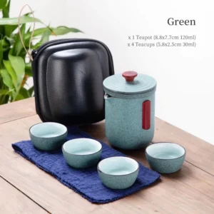 green portable ceramic kung fu travel tea set with carrying case open view