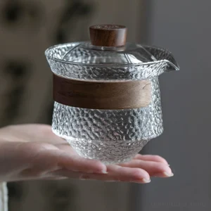 hammered glass gaiwan tea set with wooden handle view 1