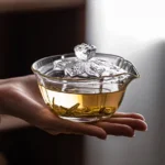 hand-carved lotus high borosilicate glass gaiwan full view, 5.1oz chinese glass tea gaiwan