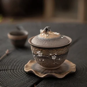 hand-carved plum blossom ceramic gaiwan 6.8oz traditional chinese tea set