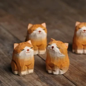 Set of 2 hand carved wooden cat tea pet front view