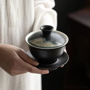 Hand-painted landscape black ceramic gaiwan 5.7oz traditional Chinese 3-piece tea set