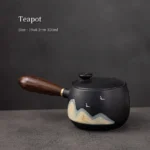hand-painted mountain landscape black chinese teapot with wooden side handle front view