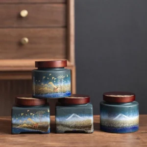 hand painted ceramic tea canister with wooden lid collection