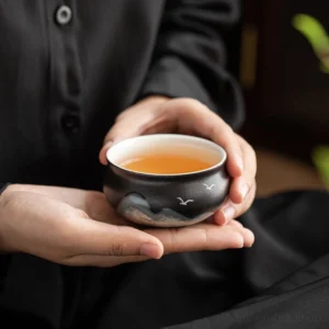 hand-painted mountain bird chawan black ceramic teacup chinese tea cup