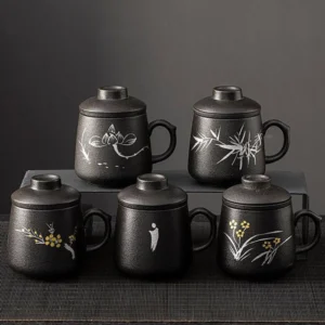 hand-painted traditional chinese art ceramic tea mug with infuser and lid 11.8oz