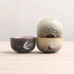 Hand painted Chinese ceramic chawan crane lotus tea bowl 3.4oz