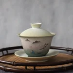 hand-painted chinese ink landscape ceramic gaiwan lidded tea bowl full view