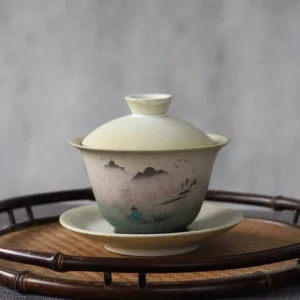 hand-painted chinese ink landscape ceramic gaiwan lidded tea bowl full view
