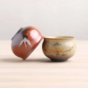 hand-painted crane traditional chinese ceramic chawan tea cup