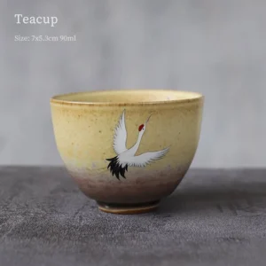 Hand-painted red-crowned crane chawan ceramic tea cup 3oz gradient glaze main view