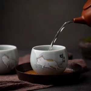 full collection of hand-painted cute cat chawan chinese ceramic tea bowls