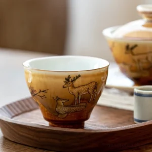 hand-painted deer motif ceramic chawan tea bowl traditional chinese tea cup